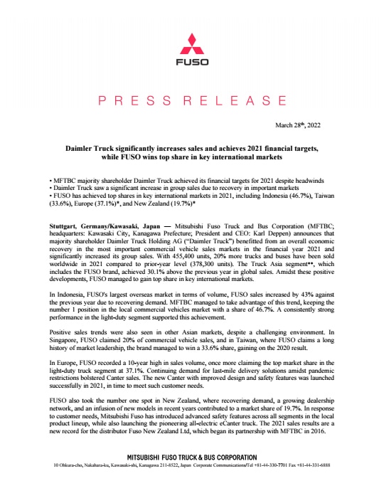 Daimler Truck significantly increases sales and achieves 2021 financial targets