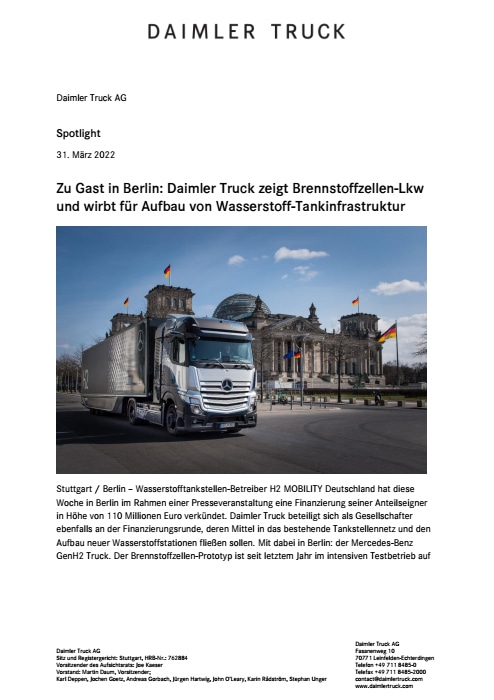 Zu Gast in Berlin: Daimler Truck zeigt Brennstoffzellen-Lkw und wirbt für Aufbau von Wasserstoff-Tankinfrastruktur