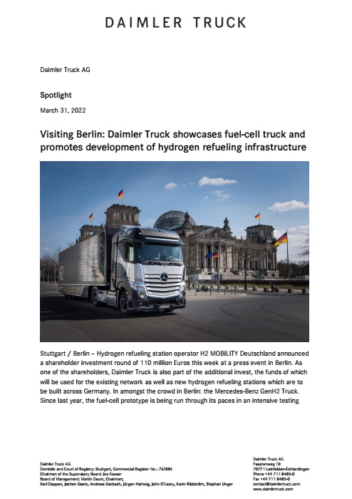 Visiting Berlin: Daimler Truck showcases fuel-cell truck and promotes development of hydrogen refueling infrastructure