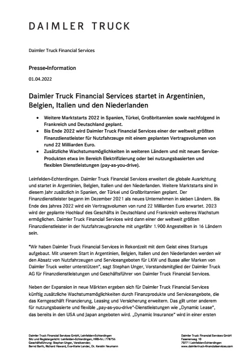 Daimler Truck Financial Services startet in Argentinien, Belgien, Italien und den Niederlanden