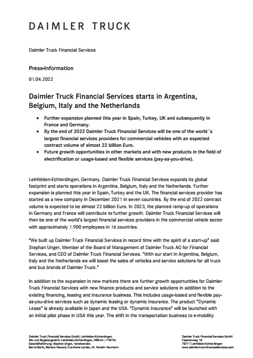 Daimler Truck Financial Services starts in Argentina, Belgium, Italy and the Netherlands