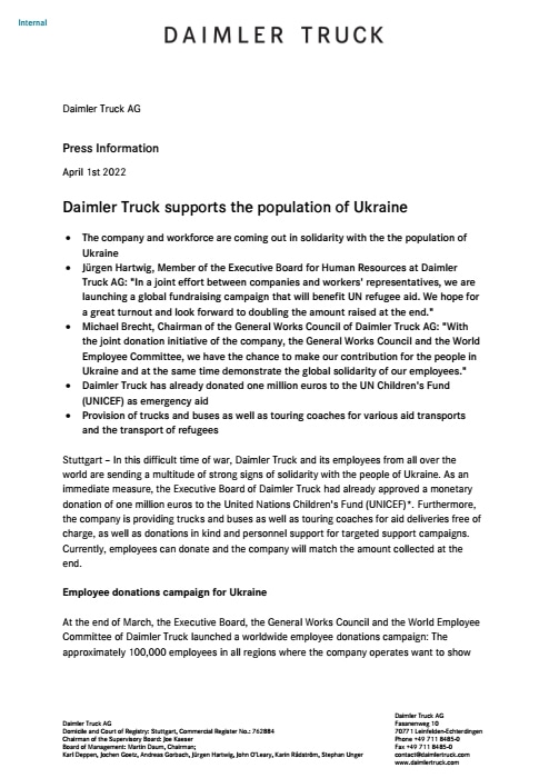 Daimler Truck supports the population of Ukraine