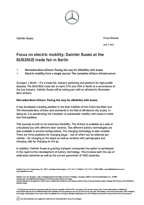Focus on electric mobility: Daimler Buses at the BUS2BUS trade fair in Berlin