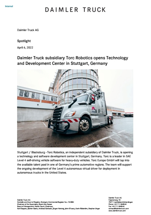 Daimler Truck subsidiary Torc Robotics opens Technology and Development Center in Stuttgart, Germany