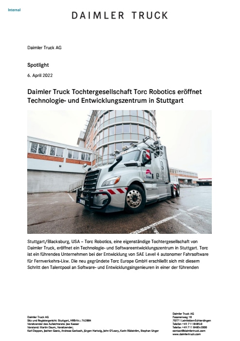 Daimler Truck Tochtergesellschaft Torc Robotics eröffnet Technologie- und Entwicklungszentrum in Stuttgart