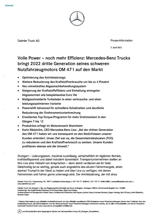 Volle Power – noch mehr Effizienz: Mercedes-Benz Trucks bringt 2022 dritte Generation seines schweren Nutzfahrzeugmotors