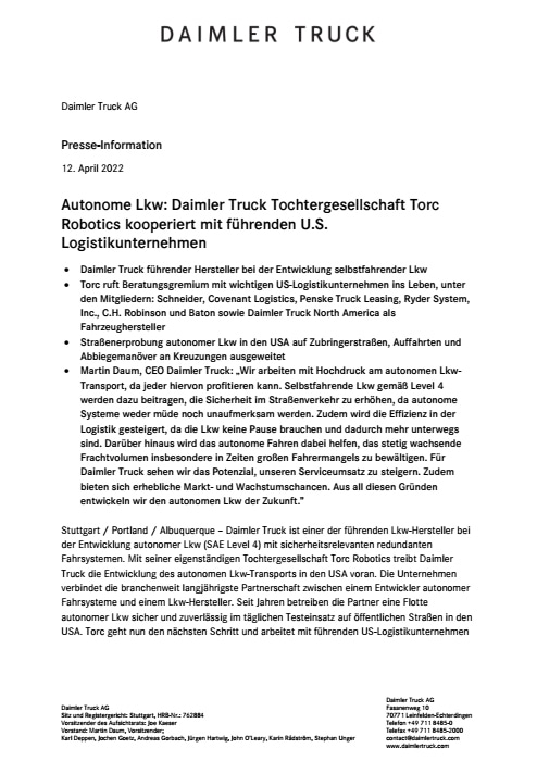 Autonome Lkw: Daimler Truck Tochtergesellschaft Torc Robotics kooperiert mit führenden U.S. Logistikunternehmen