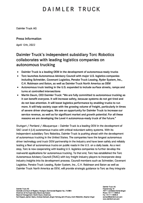 Daimler Truck’s independent subsidiary Torc Robotics collaborates with leading logistics companies on autonomous trucking