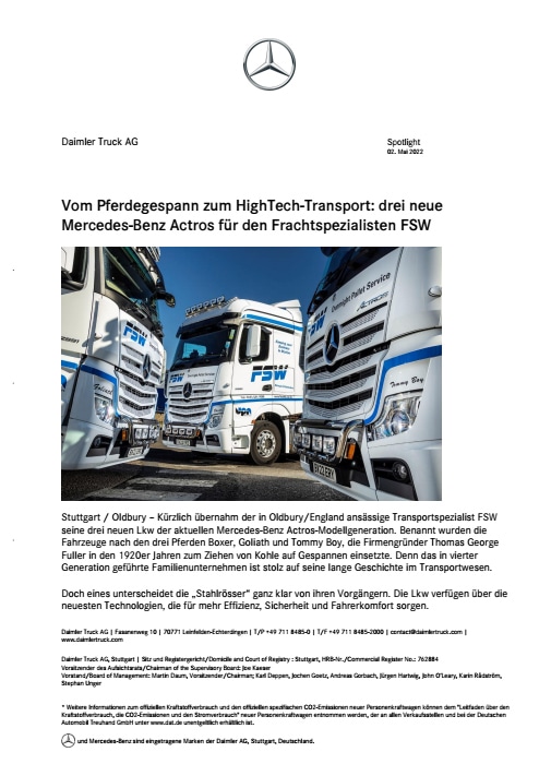 Vom Pferdegespann zum HighTech-Transport: drei neue Mercedes-Benz Actros für den Frachtspezialisten FSW