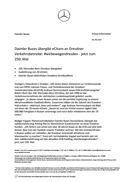 Daimler Buses übergibt eCitaro an Dresdner Verkehrsbetriebe: #wirbewegendresden - jetzt zum 250. Mal