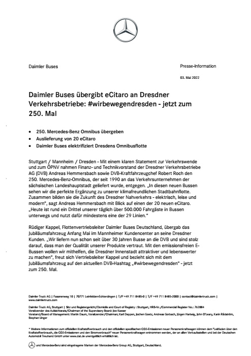Daimler Buses übergibt eCitaro an Dresdner Verkehrsbetriebe: #wirbewegendresden - jetzt zum 250. Mal