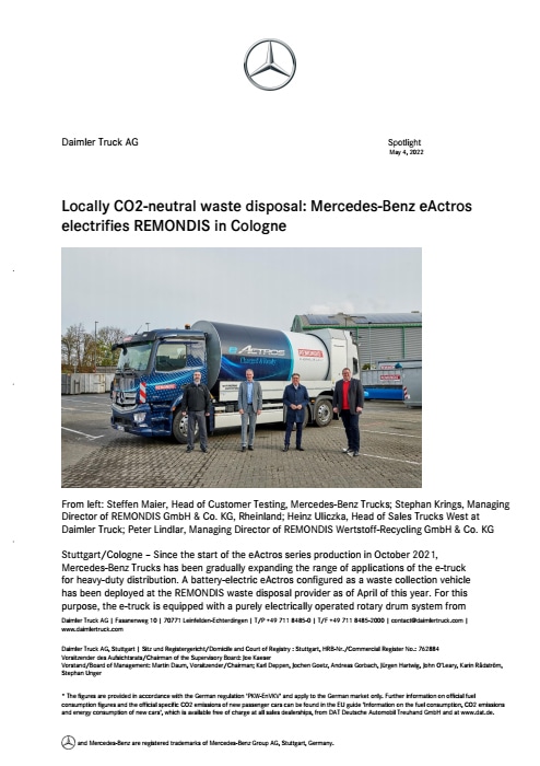 Locally CO2-neutral waste disposal: Mercedes-Benz eActros electrifies REMONDIS in Cologne