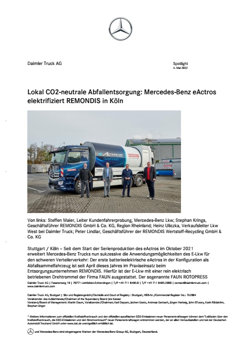 Lokal CO2-neutrale Abfallentsorgung: Mercedes-Benz eActros elektrifiziert REMONDIS in Köln