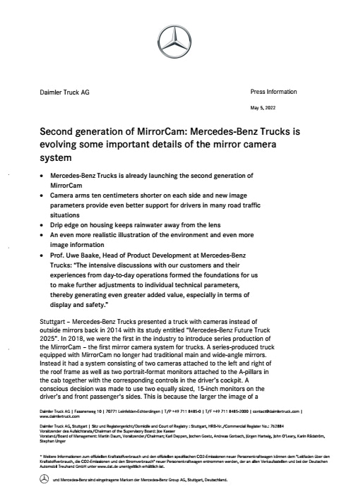 Second generation of MirrorCam: Mercedes-Benz Trucks is evolving some important details of the mirror camera system