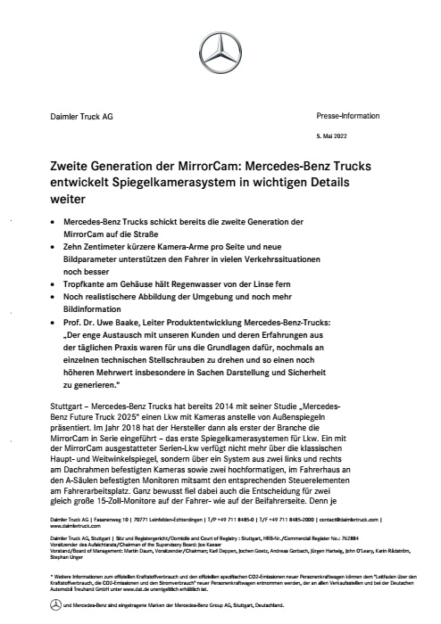 Zweite Generation der MirrorCam: Mercedes-Benz Trucks entwickelt Spiegelkamerasystem in wichtigen Details weiter