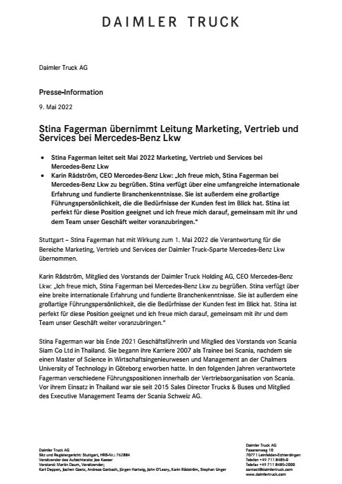 Stina Fagerman übernimmt Leitung Marketing, Vertrieb und Services bei Mercedes-Benz Lkw