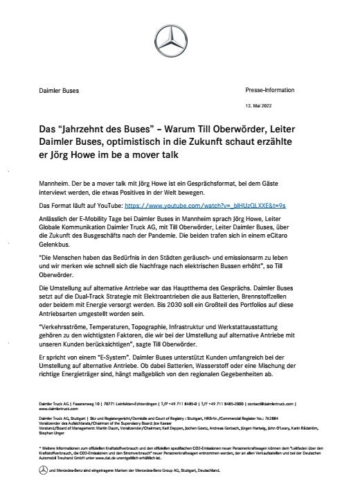 Das “Jahrzehnt des Buses” – Warum Till Oberwörder, Leiter Daimler Buses, optimistisch in die Zukunft schaut erzählte er Jörg Howe im be a mover talk
