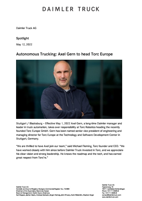 Autonomous Trucking: Axel Gern to head Torc Europe