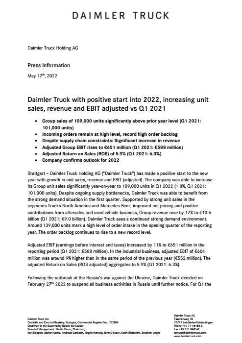 Daimler Truck with positive start into 2022, increasing unit sales, revenue and EBIT adjusted vs Q1 2021