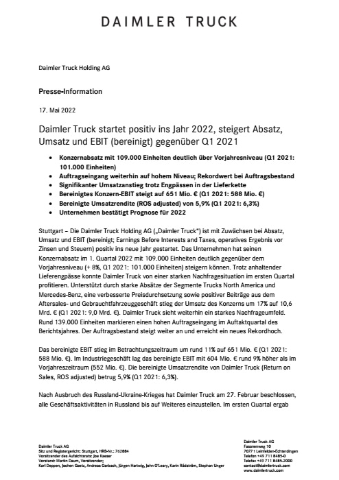Daimler Truck startet positiv ins Jahr 2022, steigert Absatz, Umsatz und EBIT (bereinigt) gegenüber Q1 2021
