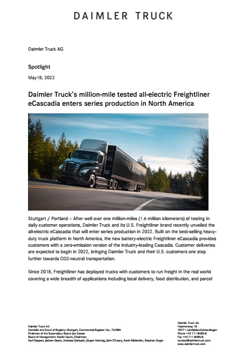 Daimler Truck’s million-mile tested all-electric Freightliner eCascadia enters series production in North America
