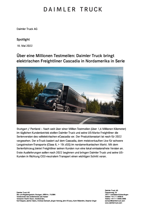 Über eine Millionen Testmeilen: Daimler Truck bringt elektrischen Freightliner Cascadia in Nordamerika in Serie