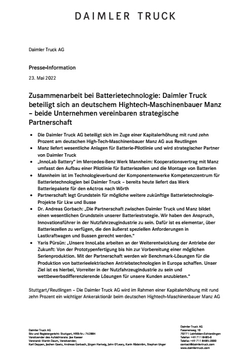 Zusammenarbeit bei Batterietechnologie Daimler Truck beteiligt sich an deutschem Hightech-Maschinenbauer Manz
