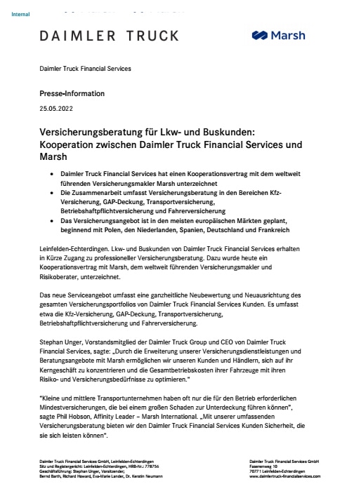 Versicherungsberatung für Lkw- und Buskunden: Kooperation zwischen Daimler Truck Financial Services und Marsh