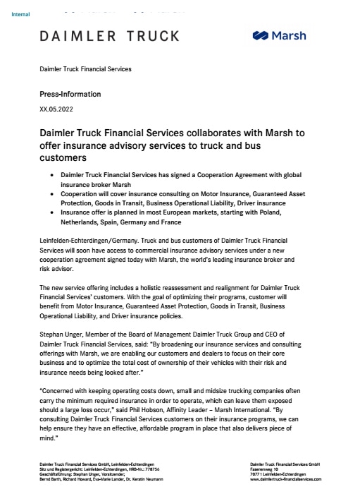Daimler Truck Financial Services collaborates with Marsh to offer insurance advisory services to truck and bus customers
