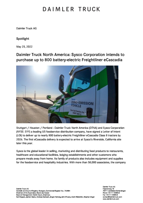 Daimler Truck North America: Sysco Corporation intends to purchase up to 800 battery-electric Freightliner eCascadia