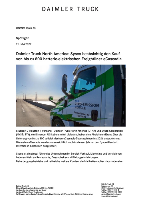 Daimler Truck North America: Sysco beabsichtigt den Kauf von bis zu 800 batterie-elektrischen Freightliner eCascadia