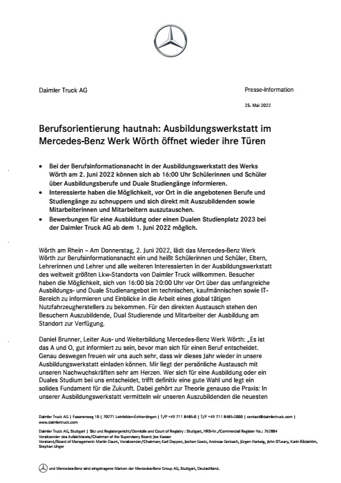 Berufsorientierung hautnah: Ausbildungswerkstatt im Mercedes-Benz Werk Wörth öffnet wieder ihre Türen