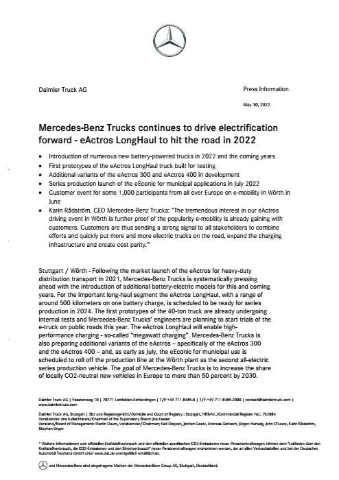 Mercedes-Benz Trucks continues to drive electrification forward - eActros LongHaul to hit the road in 2022