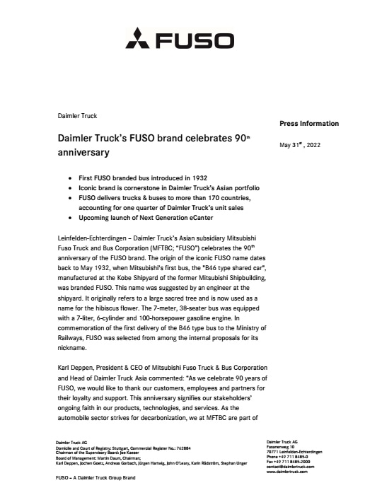 Daimler Truck’s FUSO brand celebrates 90th anniversary