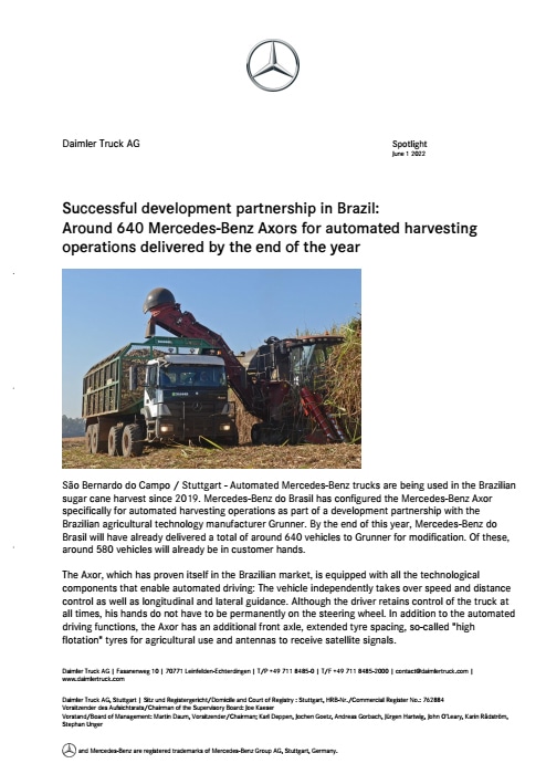 Successful development partnership in Brazil:  Around 640 Mercedes-Benz Axors for automated harvesting operations delivered by the end of the year