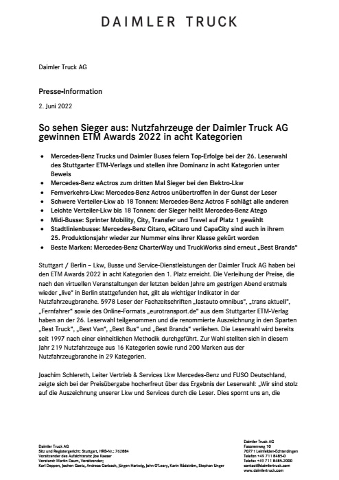 So sehen Sieger aus: Nutzfahrzeuge der Daimler Truck AG gewinnen ETM Awards 2022 in acht Kategorien