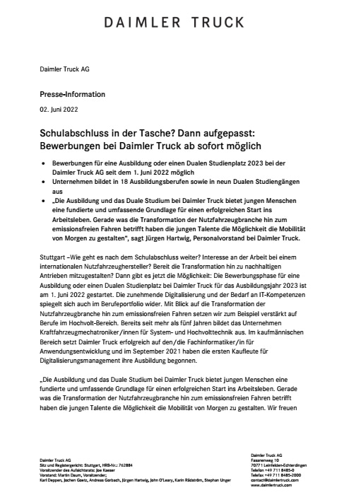 Schulabschluss in der Tasche? Dann aufgepasst: Bewerbungen bei Daimler Truck ab sofort möglich