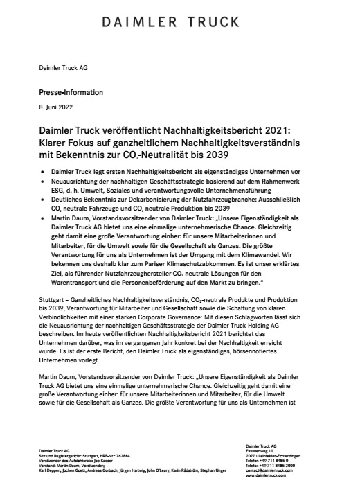 Daimler Truck veröffentlicht Nachhaltigkeitsbericht 2021: Klarer Fokus auf ganzheitlichem Nachhaltigkeitsverständnis mit Bekenntnis zur CO2-Neutralität bis 2039