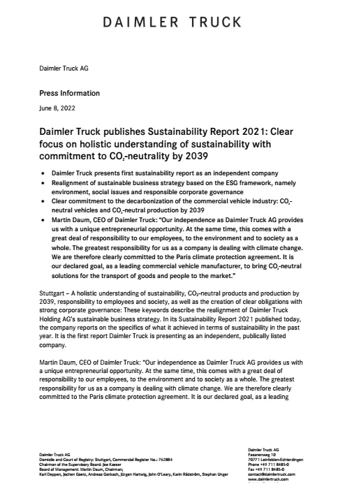 Daimler Truck publishes Sustainability Report 2021: Clear focus on holistic understanding of sustainability with commitment to CO2-neutrality by 2039