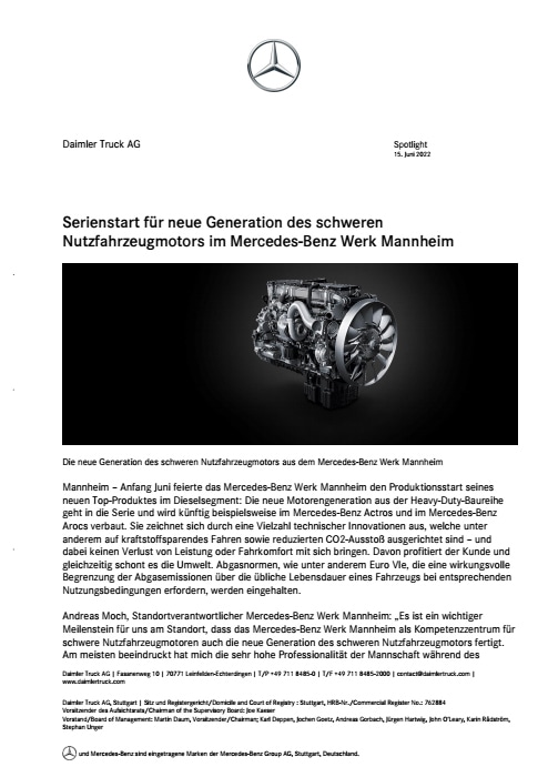 Serienstart für neue Generation des schweren Nutzfahrzeugmotors im Mercedes-Benz Werk Mannheim