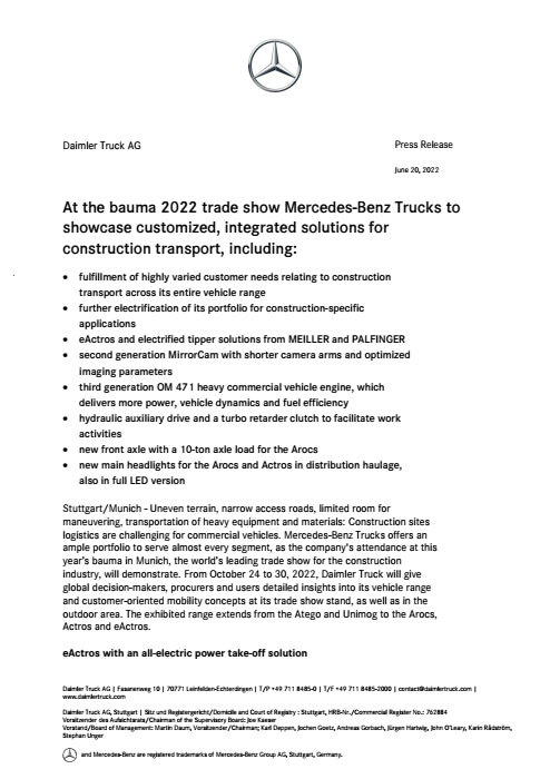 At the bauma 2022 trade show Mercedes-Benz Trucks to showcase customized, integrated solutions for construction transport, including