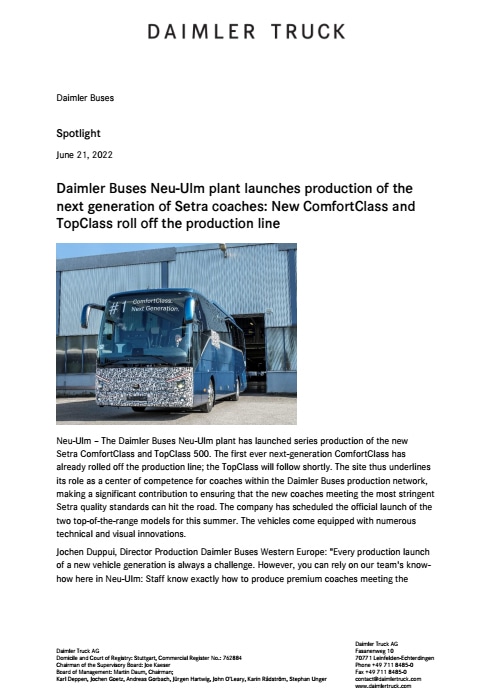 Daimler Buses Neu-Ulm plant launches production of the next generation of Setra coaches: New ComfortClass and TopClass roll off the production line