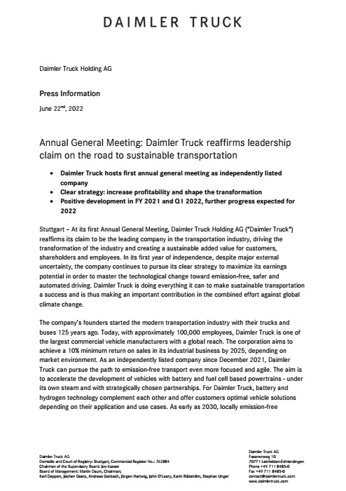 Annual General Meeting: Daimler Truck reaffirms leadership claim on the road to sustainable transportation