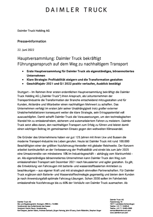 Hauptversammlung: Daimler Truck bekräftigt Führungsanspruch auf dem Weg zu nachhaltigem Transport