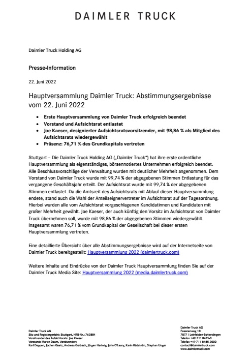 Hauptversammlung Daimler Truck: Abstimmungsergebnisse vom 22. Juni 2022