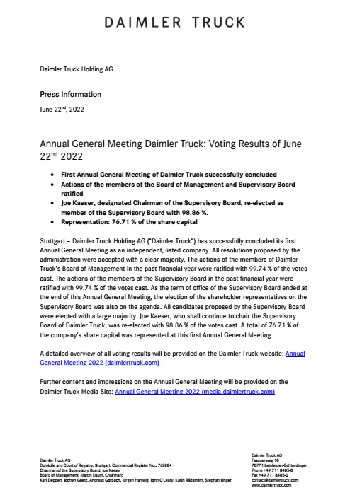 Annual General Meeting Daimler Truck: Voting Results of June 22nd 2022