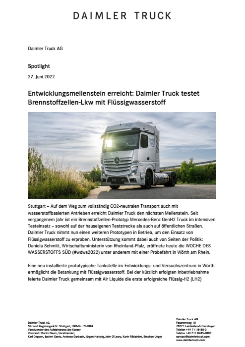 Entwicklungsmeilenstein erreicht: Daimler Truck testet Brennstoffzellen-Lkw mit Flüssigwasserstoff