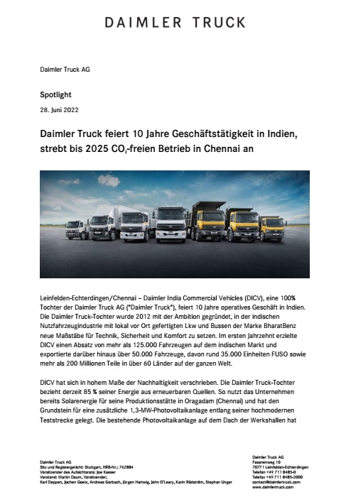 Daimler Truck feiert 10 Jahre Geschäftstätigkeit in Indien, strebt bis 2025 CO2-freien Betrieb in Chennai an