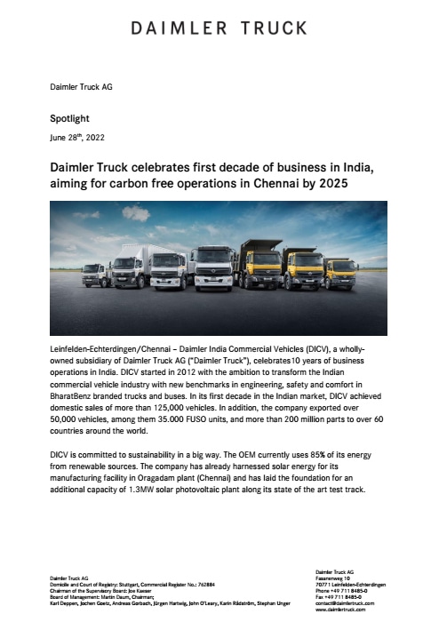 Daimler Truck celebrates first decade of business in India, aiming for carbon free operations in Chennai by 2025
