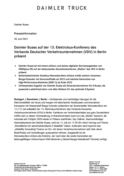 Daimler Buses auf der 13. Elektrobus-Konferenz des Verbands Deutscher Verkehrsunternehmen (VDV) in Berlin präsent